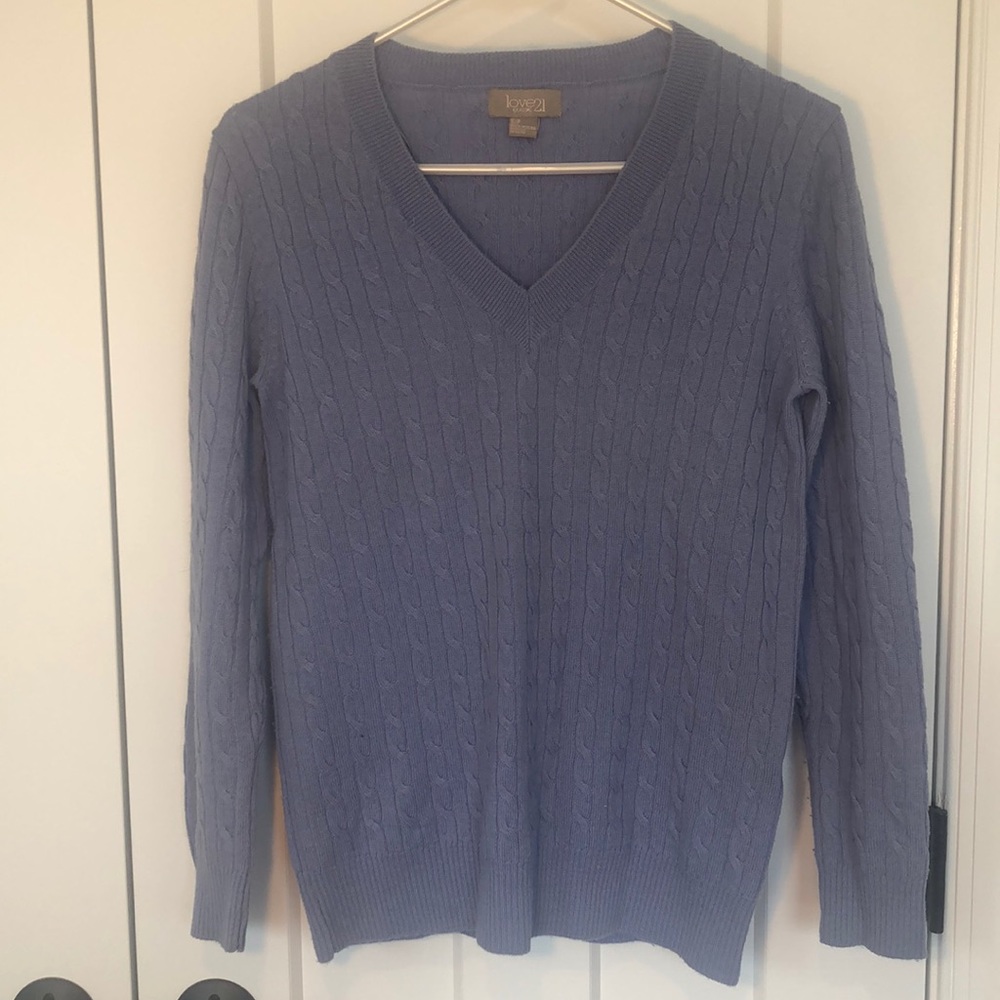 100% Merino Wool Powder Blue V Neck Cable knit Sweater
